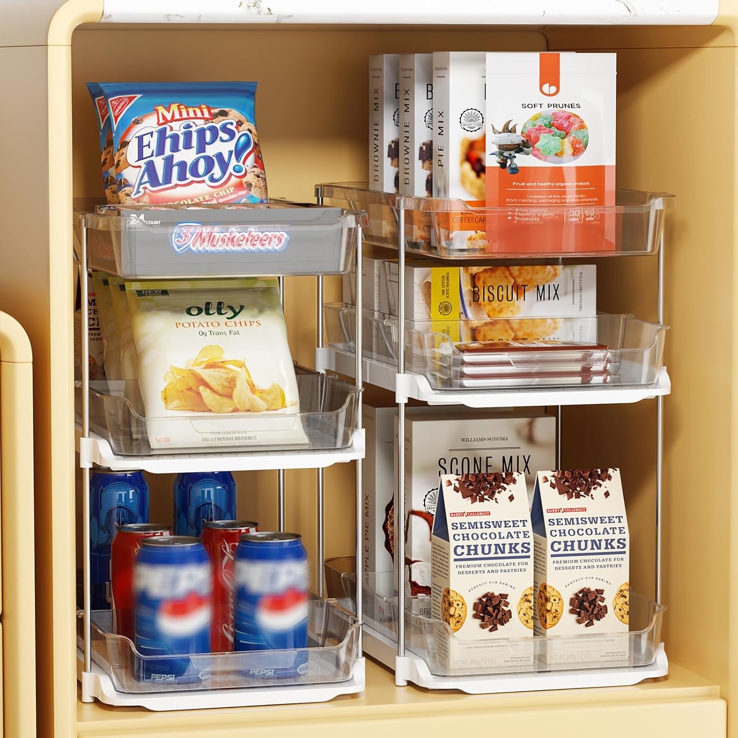 2 Sets of 3-Tier Bathroom under Sink Organizers and Storage, Multi-Purpose Stackable Pantry Organization and Storage, Pull Out Clear Kitchen Bathroom Cabinet Organizer with Movable Dividers