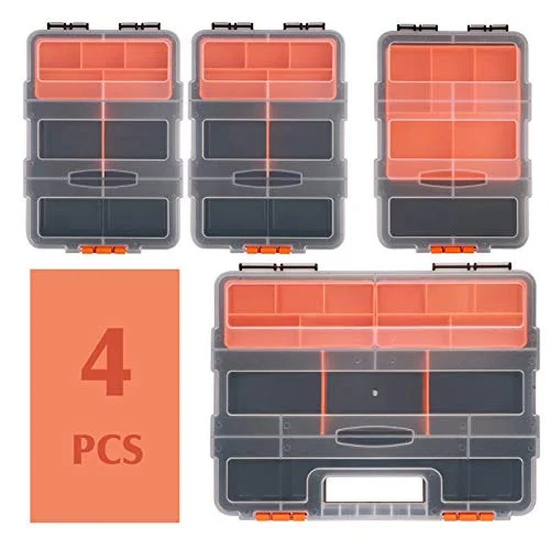 4 Piece Set Toolbox Hardware and Parts Organizers, Versatile and Durable Storage, Customizable Removable Plastic Dividers, Storage and Carry, Black/Orange
