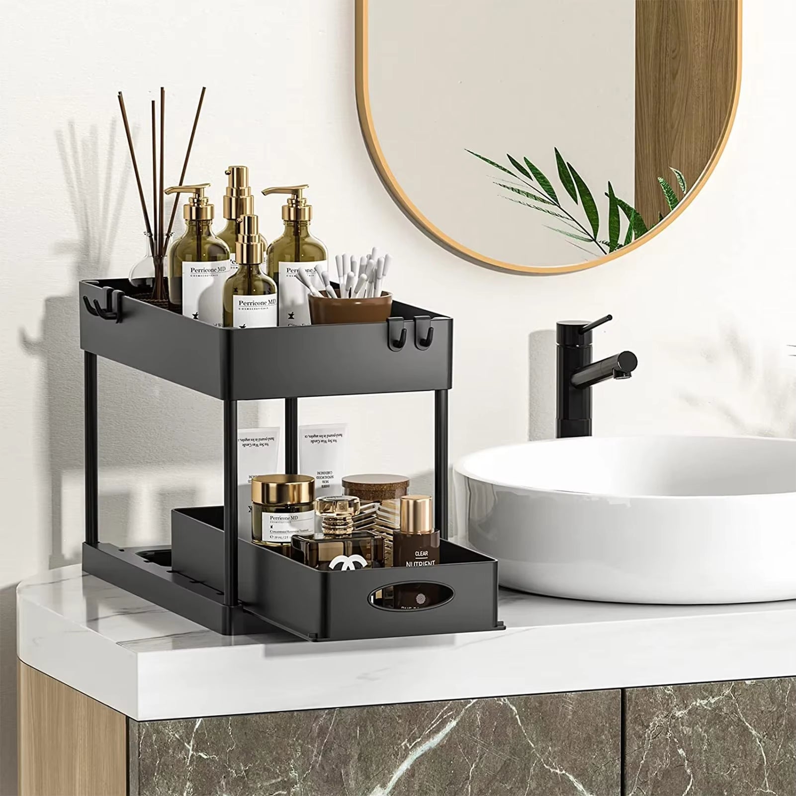 2-Packs under Sink Organizer Sliding Cabinet Basket Organizer Storage Rack with Hooks Hanging Cup Bathroom Kitchen Organizer