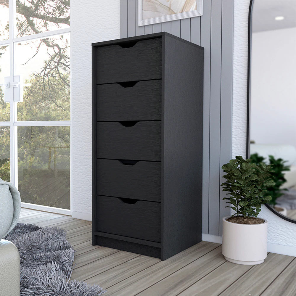 Kamran Narrow Dresser, Five Drawers, Black Wengue Finish