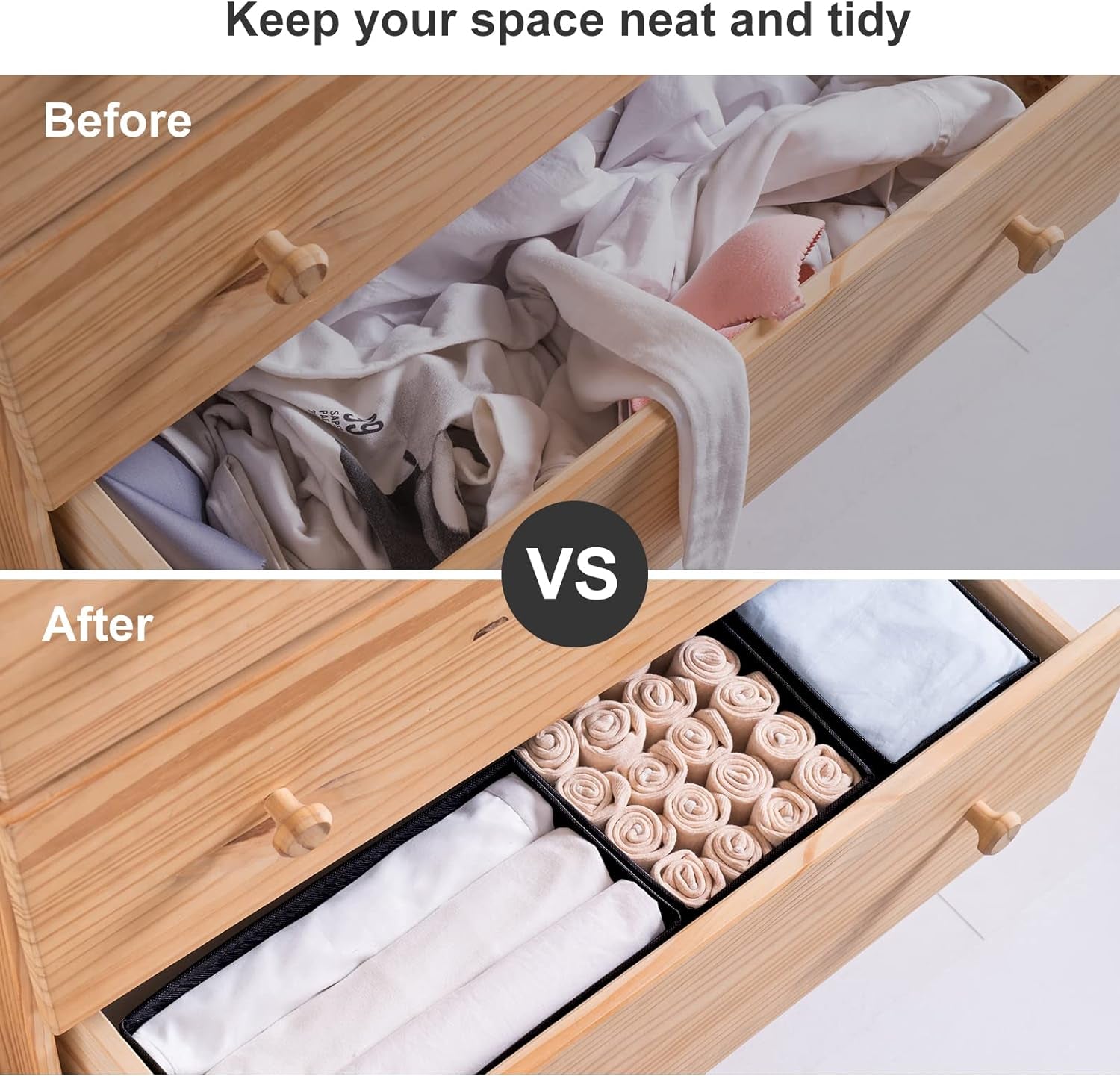 6-Pack Woven Fabric Dresser Drawer Organizers for Clothing and Baby Storage (Black)