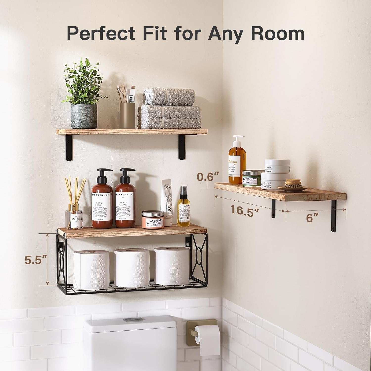 Amada Bathroom Shelves over Toilet with Storage Basket, Floating Shelves Wall Shelves for Home Organization & Wall Decor, Bathroom/Kitchen/Living Room ShelvesâNatural Wood