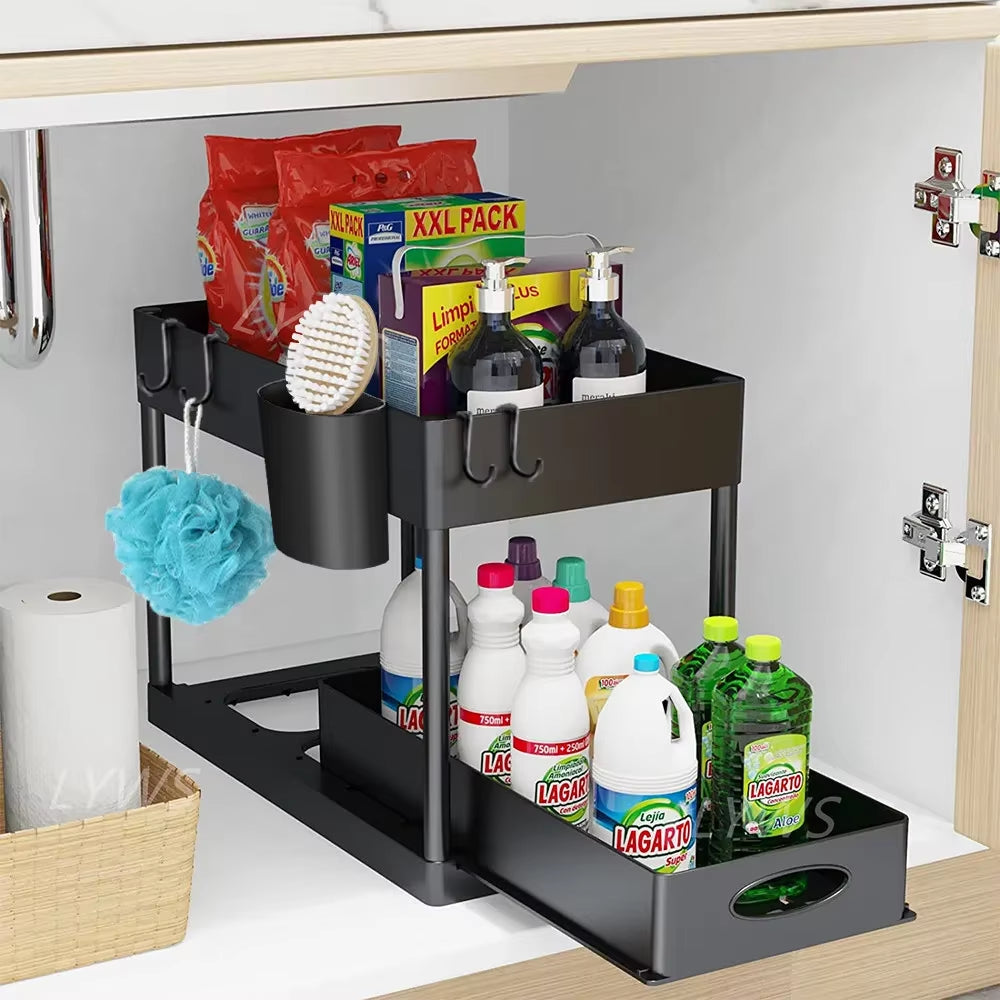 2-Packs under Sink Organizer Sliding Cabinet Basket Organizer Storage Rack with Hooks Hanging Cup Bathroom Kitchen Organizer