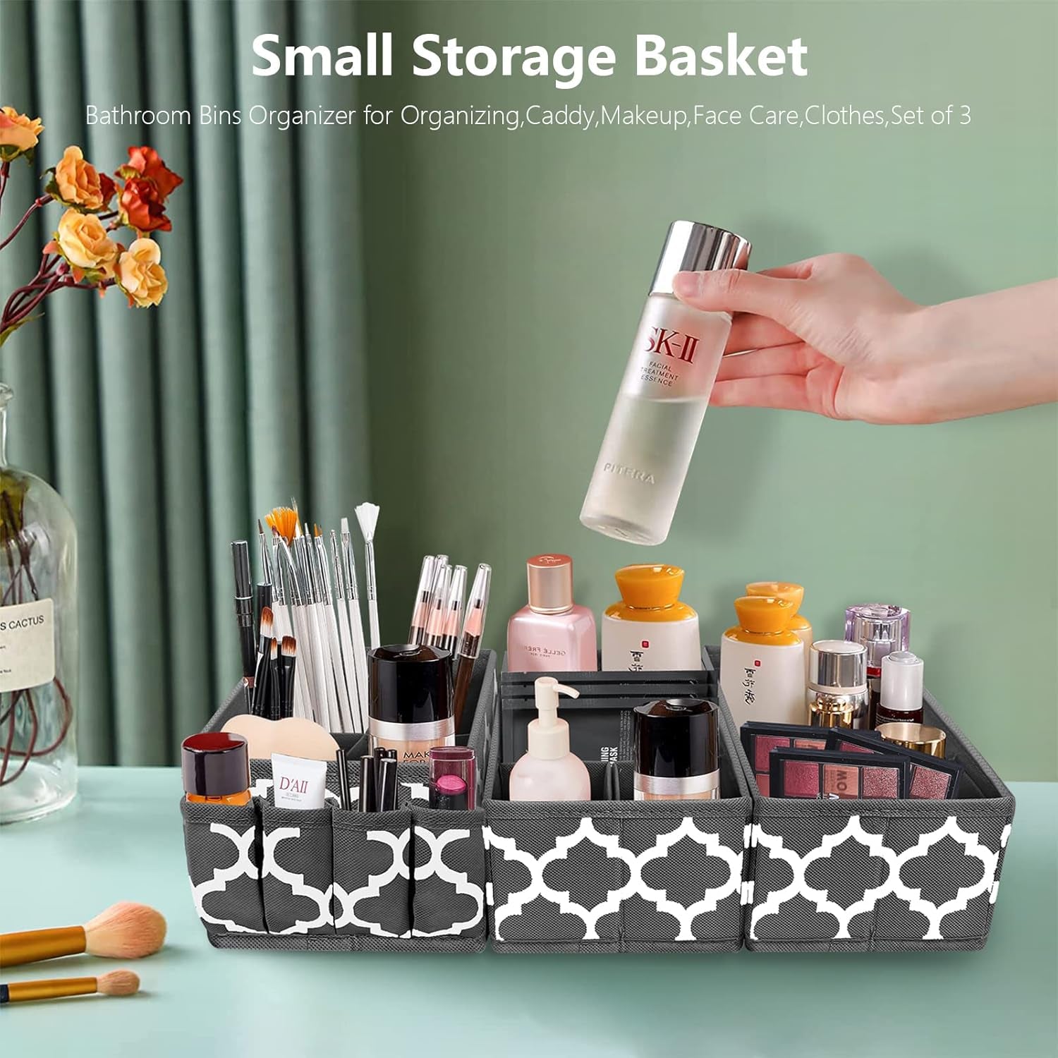 Makeup Basket Organizer, Fabric Portable Cosmetic Storage Organizer with Divider, Foldable Small Bins for Organizing Vanity, Bathroom Counter, Office, Set of 3 Grey