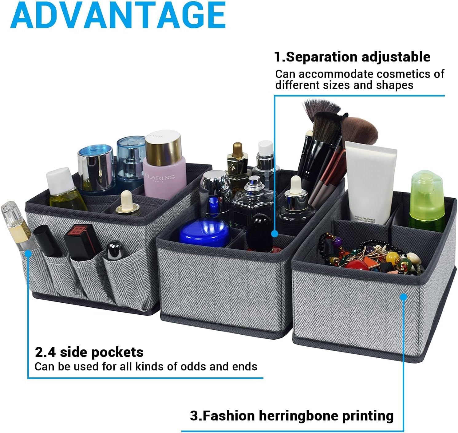 Drawer Dividers Bathroom Counter Organizer - Adjustable Bathroom Baskets Storage Box for Makeup Brushes,Bathroom Countertop or Dresser,Set of 3-Herringbone Pattern(Grey)