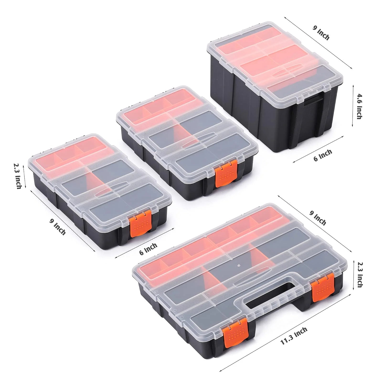 4 Piece Set Toolbox Hardware and Parts Organizers, Versatile and Durable Storage, Customizable Removable Plastic Dividers, Storage and Carry, Black/Orange