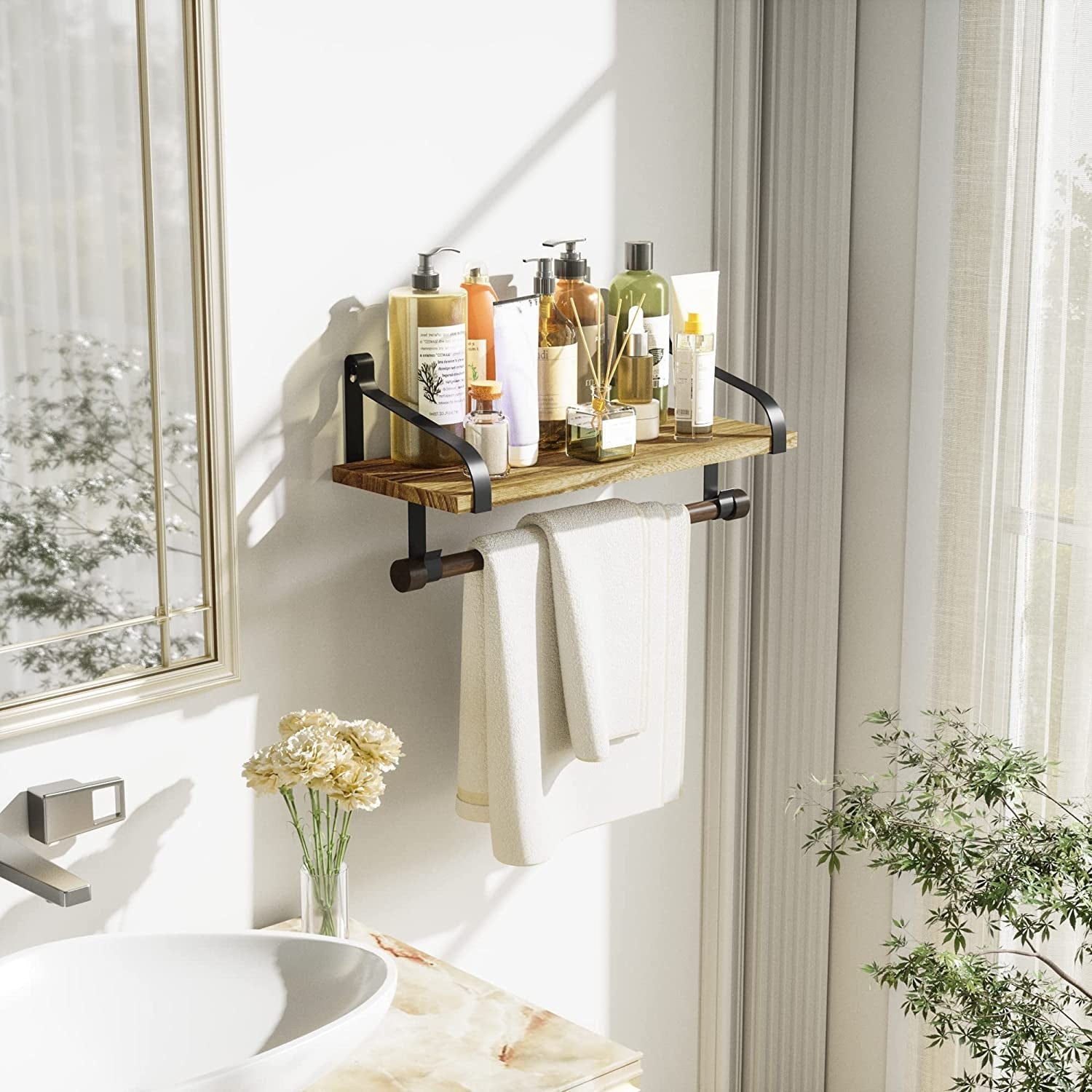 Rustic Wooden Shelf - Paper Towel Roll bar - 8 Removable Hooks (Black)