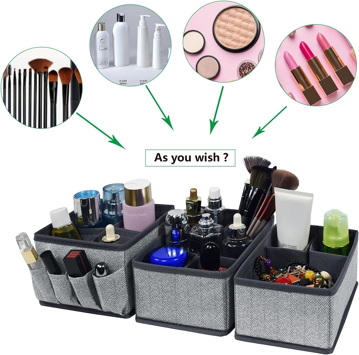 Drawer Dividers Bathroom Counter Organizer - Adjustable Bathroom Baskets Storage Box for Makeup Brushes,Bathroom Countertop or Dresser,Set of 3-Herringbone Pattern(Grey)