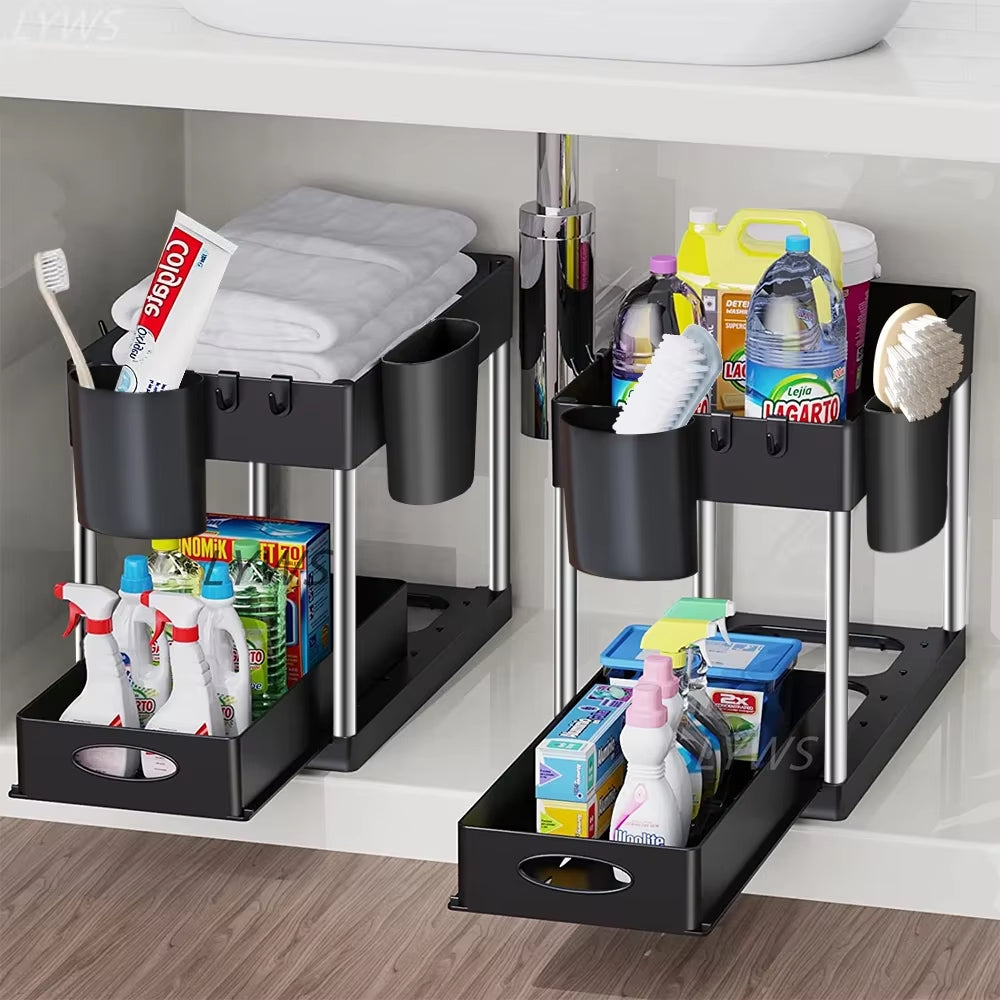 2-Packs under Sink Organizer Sliding Cabinet Basket Organizer Storage Rack with Hooks Hanging Cup Bathroom Kitchen Organizer