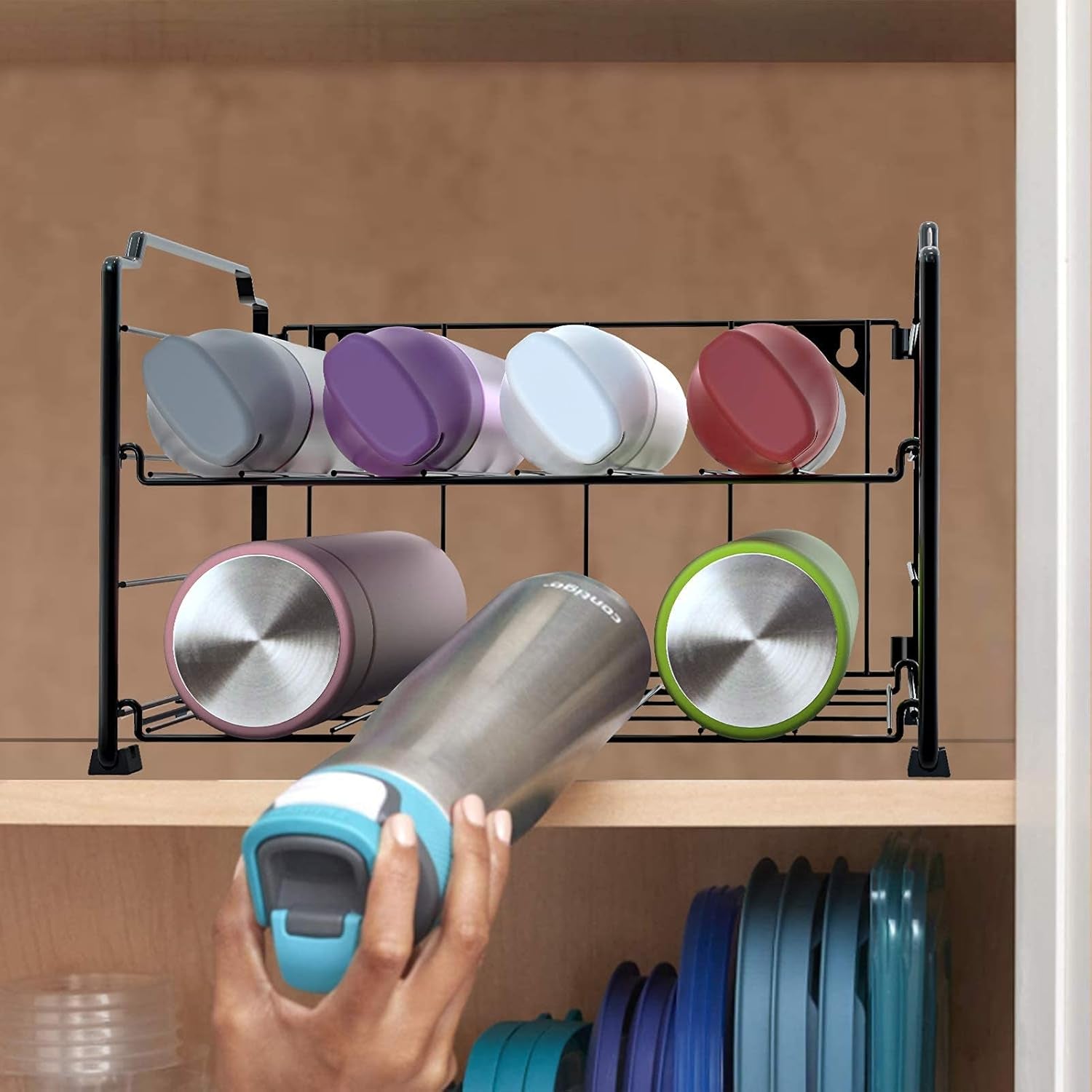 Adjustable Water Bottle Organizer Storage, 2-Tier Stackable Water Bottle Holder Rack, Black(2 Pack)