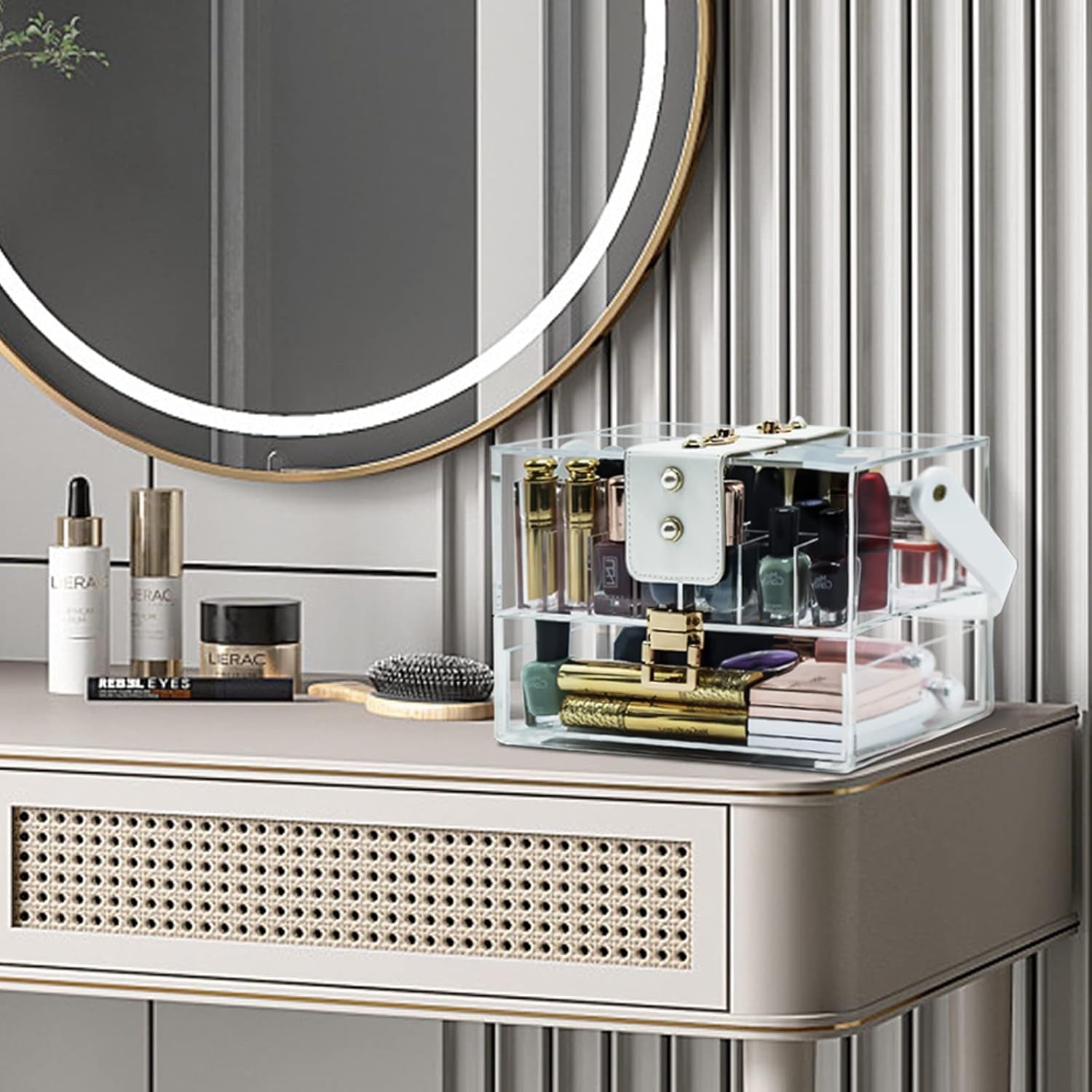 Large Acrylic Makeup Organizer with Adjustable Dividers, Removable Slots, Lockable Design, and Dustproof Features for Vanity Storage and Display