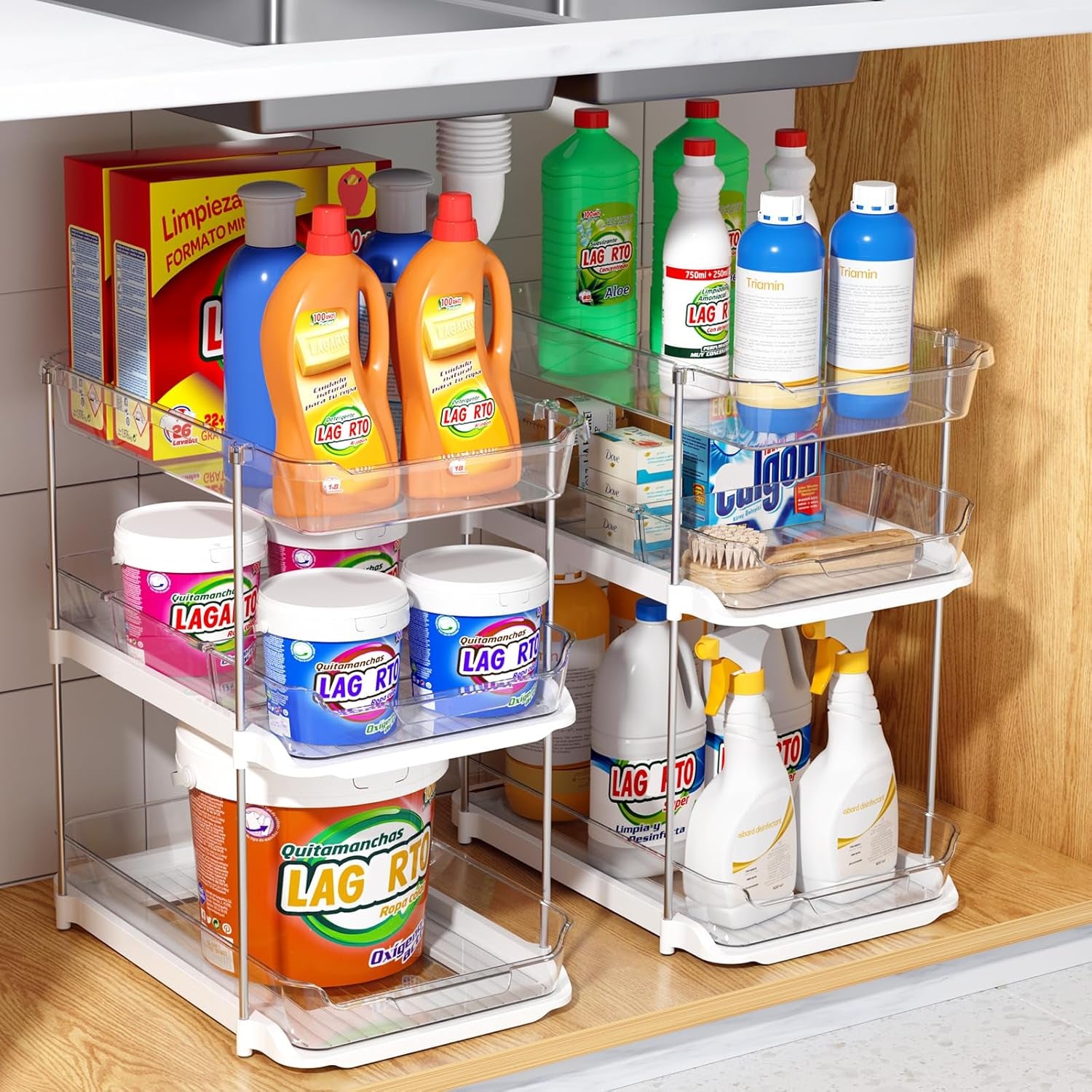 2 Sets of 3-Tier Bathroom under Sink Organizers and Storage, Multi-Purpose Stackable Pantry Organization and Storage, Pull Out Clear Kitchen Bathroom Cabinet Organizer with Movable Dividers