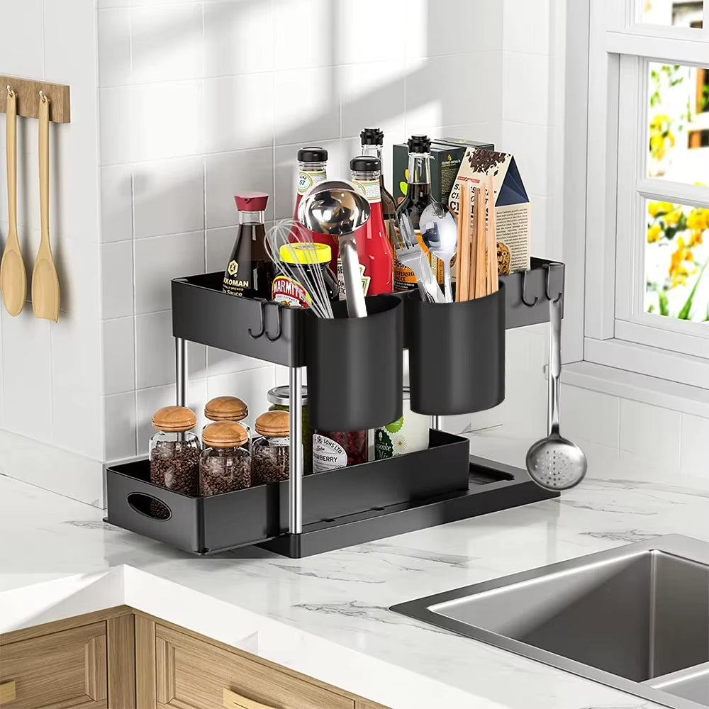2-Packs under Sink Organizer Sliding Cabinet Basket Organizer Storage Rack with Hooks Hanging Cup Bathroom Kitchen Organizer