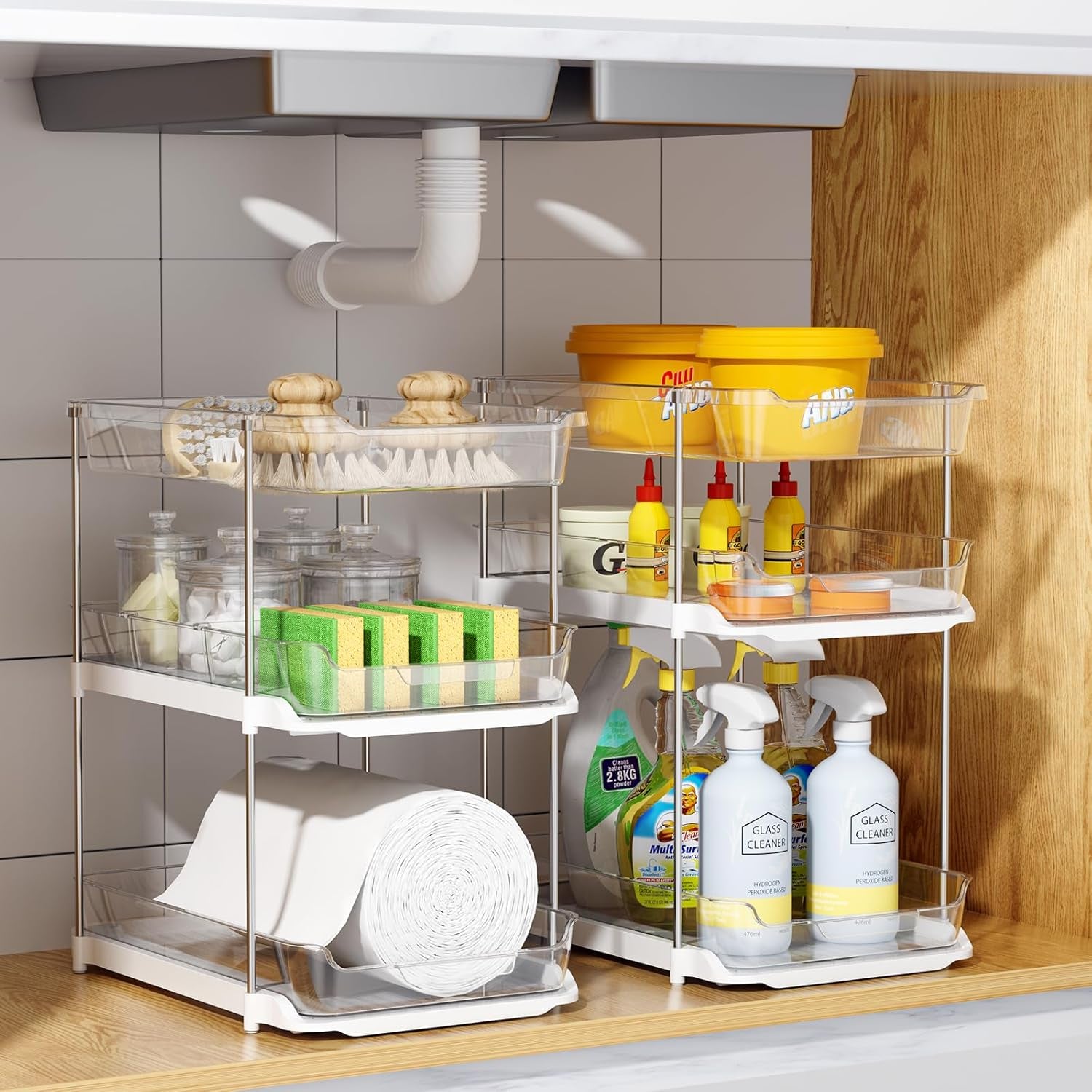 2 Sets of 3-Tier Bathroom under Sink Organizers and Storage, Multi-Purpose Stackable Pantry Organization and Storage, Pull Out Clear Kitchen Bathroom Cabinet Organizer with Movable Dividers