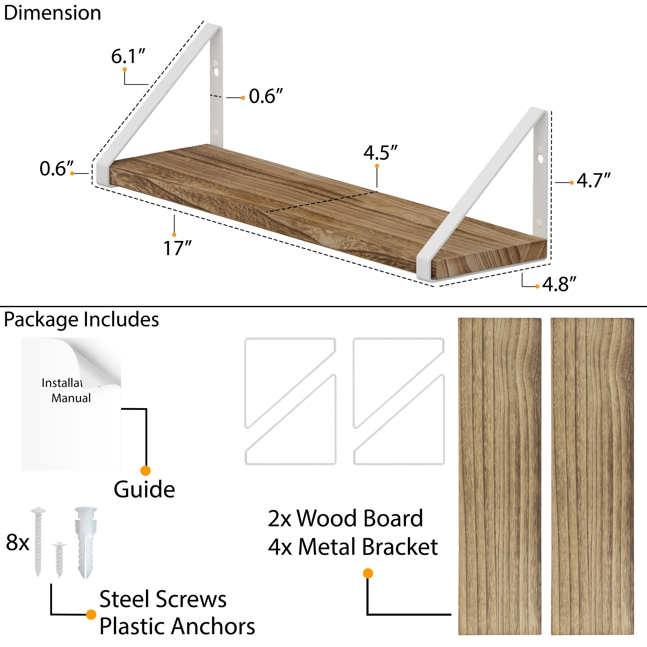Ponza Rustic Floating Shelf for Bathroom Wall Shelves over the Toilets Storage, Natural Burned, Set of 2