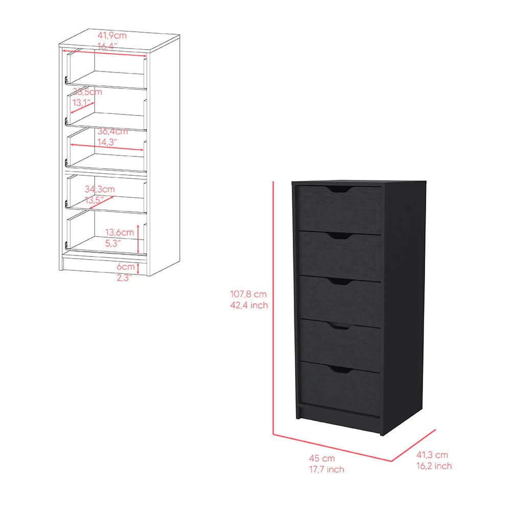 Kamran Narrow Dresser, Five Drawers, Black Wengue Finish