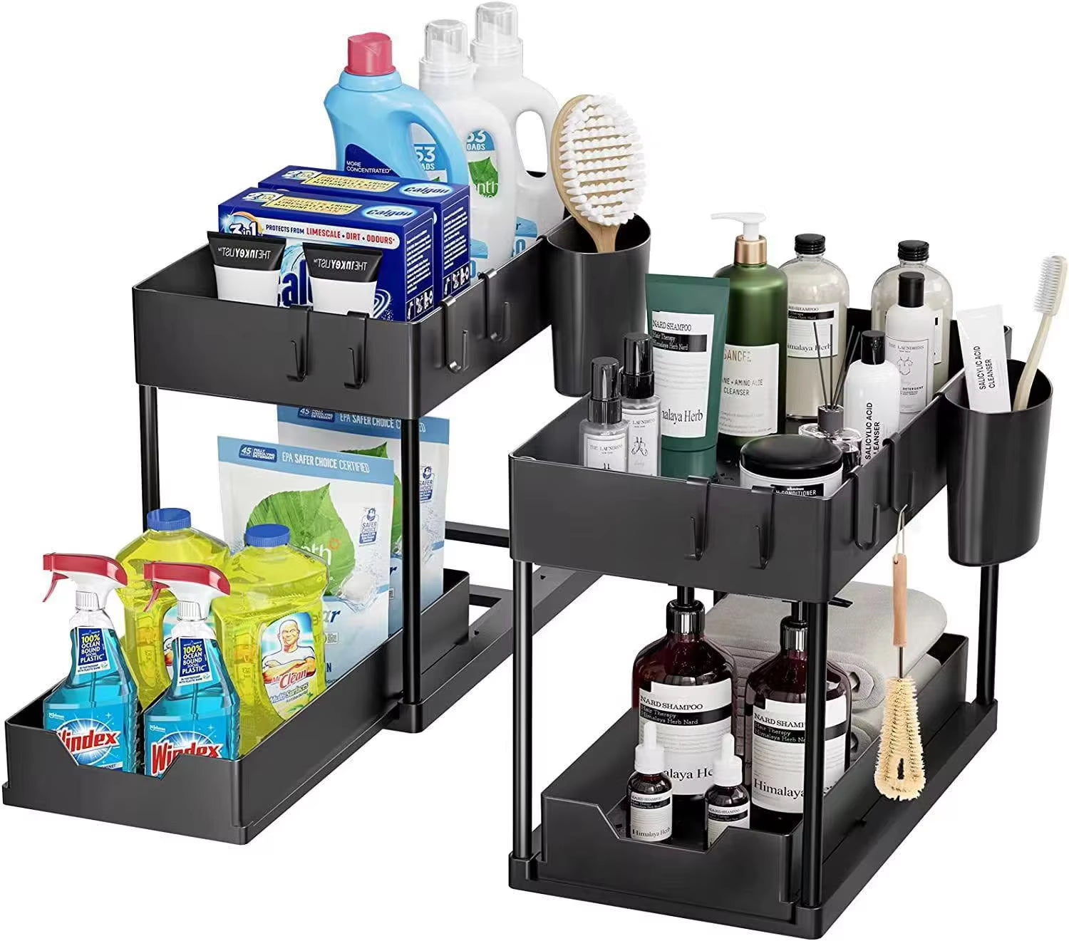 2-Packs under Sink Organizer Sliding Cabinet Basket Organizer Storage Rack with Hooks Hanging Cup Bathroom Kitchen Organizer