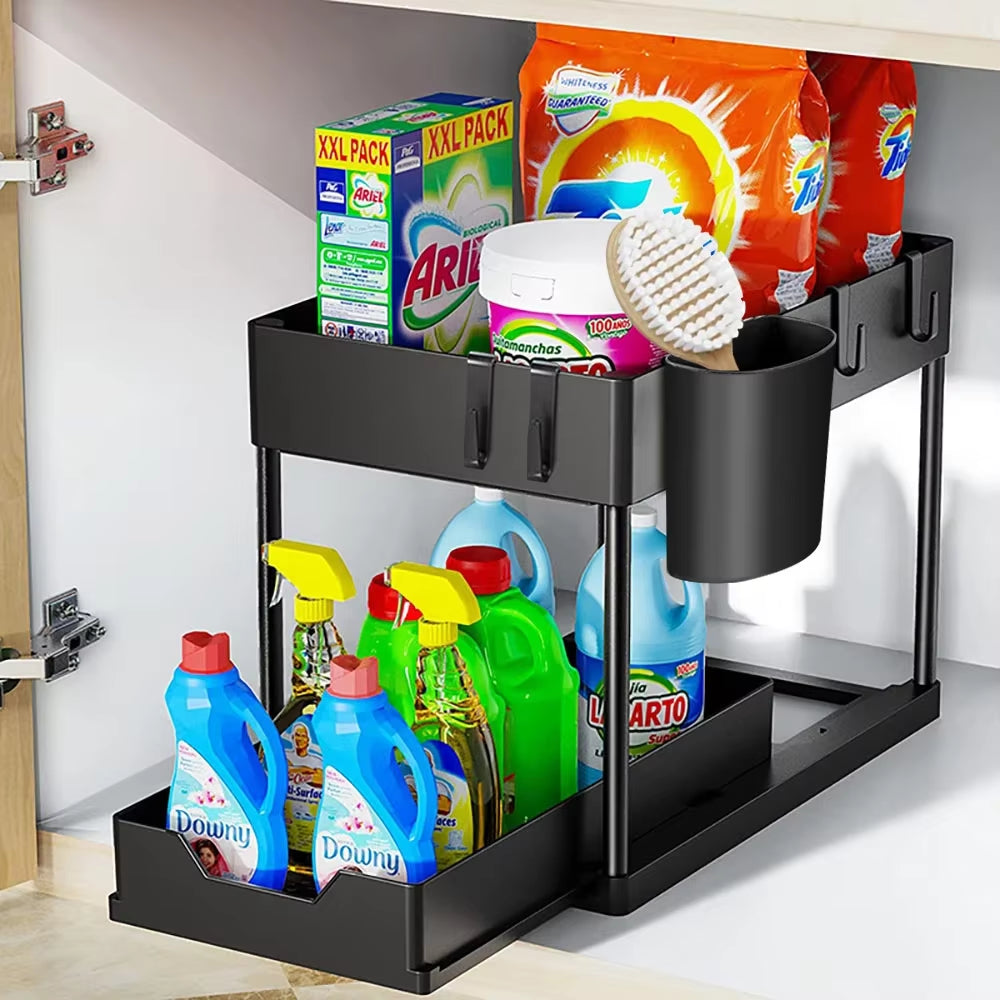2-Packs under Sink Organizer Sliding Cabinet Basket Organizer Storage Rack with Hooks Hanging Cup Bathroom Kitchen Organizer
