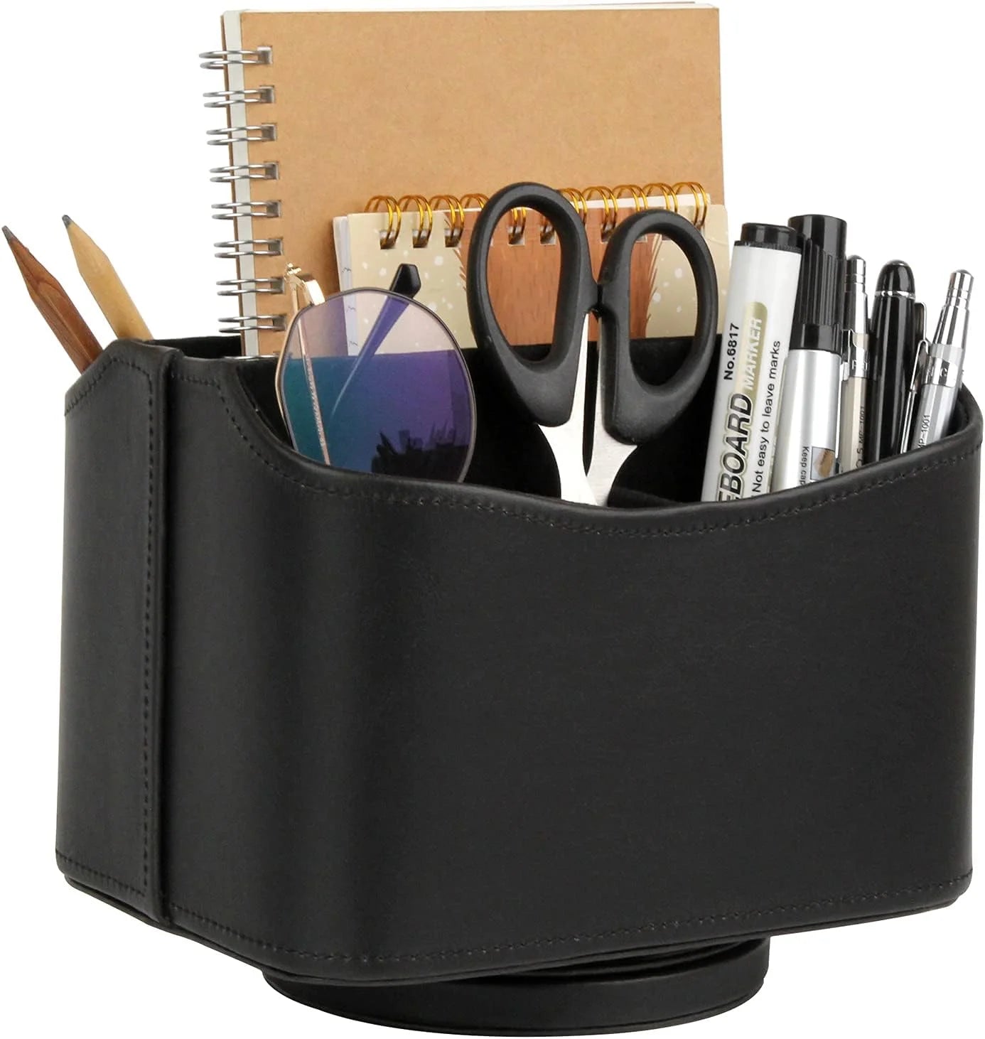 Remote Control Holder, 360 Degree Spinning, PU Leather Desk Organizer, 5 Compartments Storage (Classic Black)