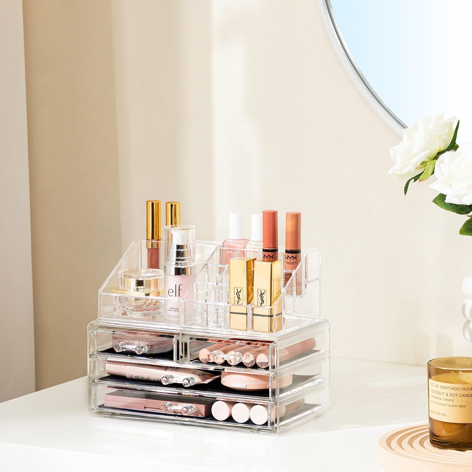 Acrylic Clear Makeup Storage Organizer with Four Stackable Drawers for Bathroom Vanity - Dustproof Cosmetic Display Case