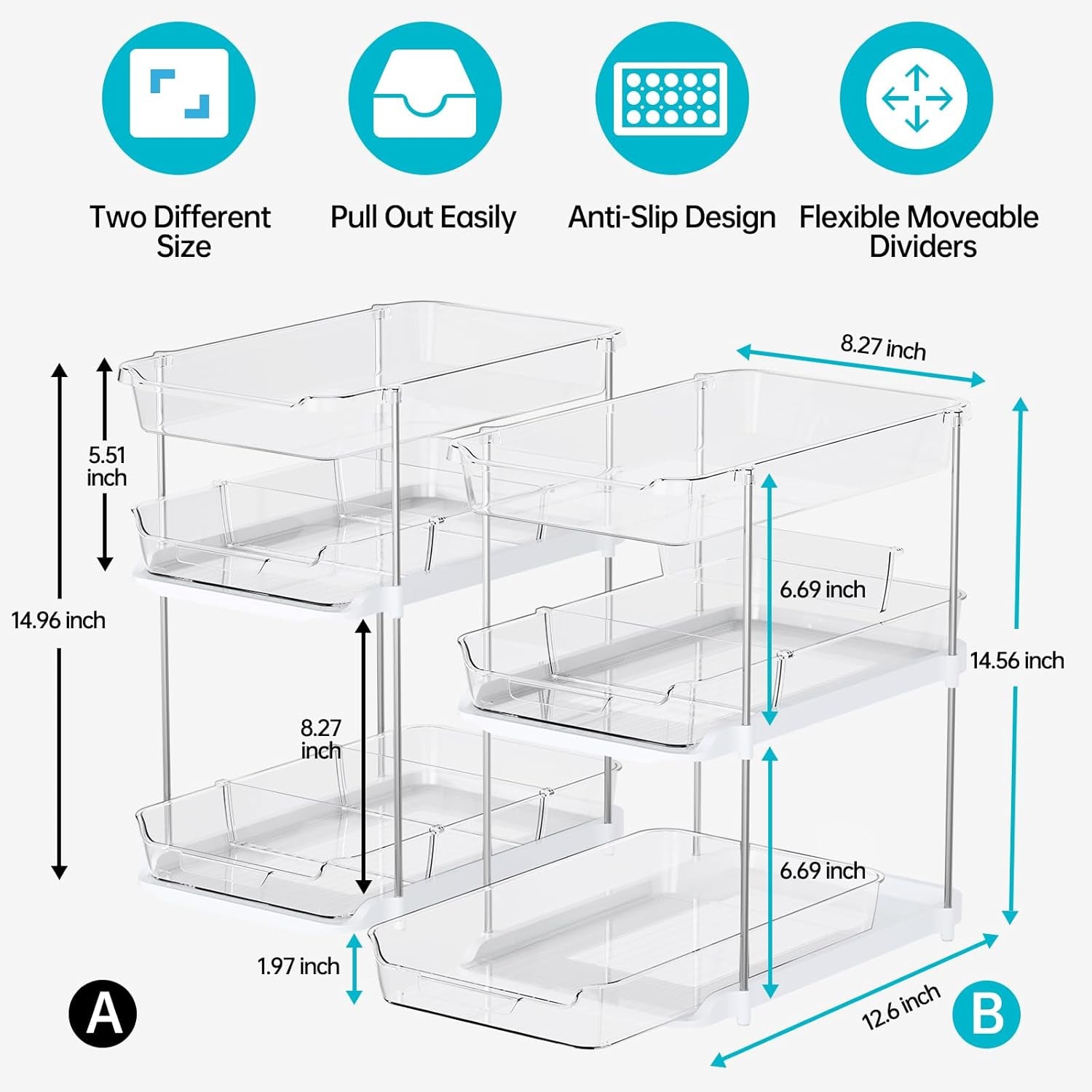 2 Sets of 3-Tier Bathroom under Sink Organizers and Storage, Multi-Purpose Stackable Pantry Organization and Storage, Pull Out Clear Kitchen Bathroom Cabinet Organizer with Movable Dividers