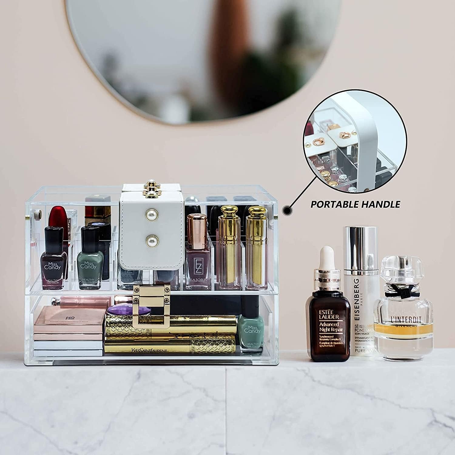 Large Acrylic Makeup Organizer with Adjustable Dividers, Removable Slots, Lockable Design, and Dustproof Features for Vanity Storage and Display