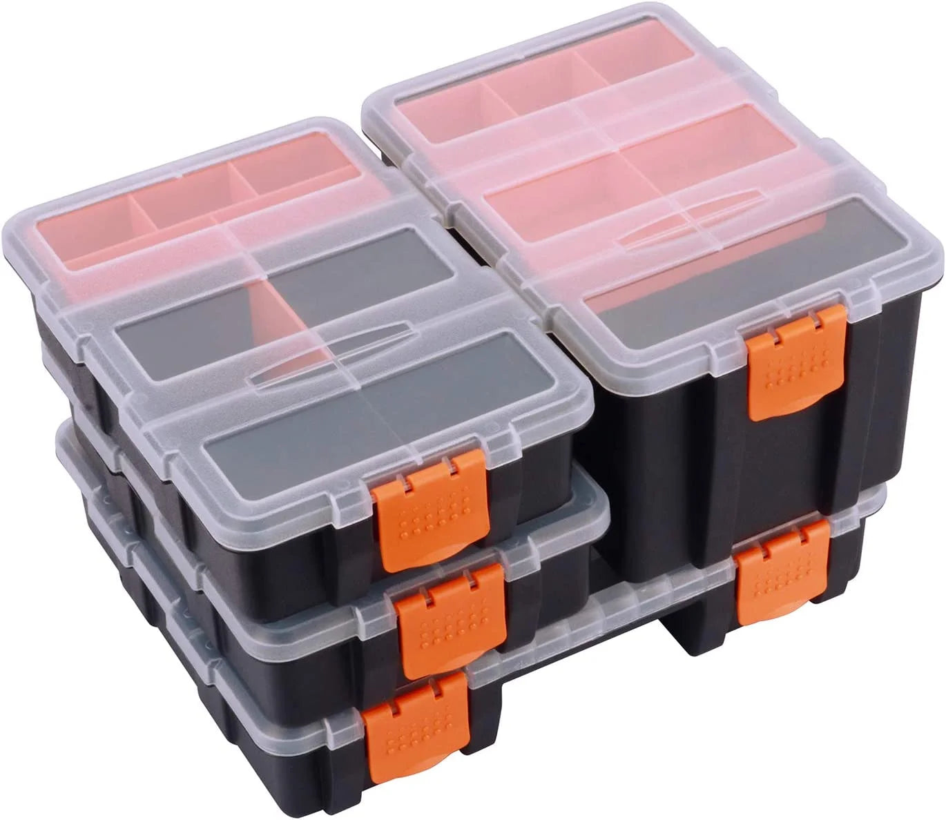 4 Piece Set Toolbox Hardware and Parts Organizers, Versatile and Durable Storage, Customizable Removable Plastic Dividers, Storage and Carry, Black/Orange