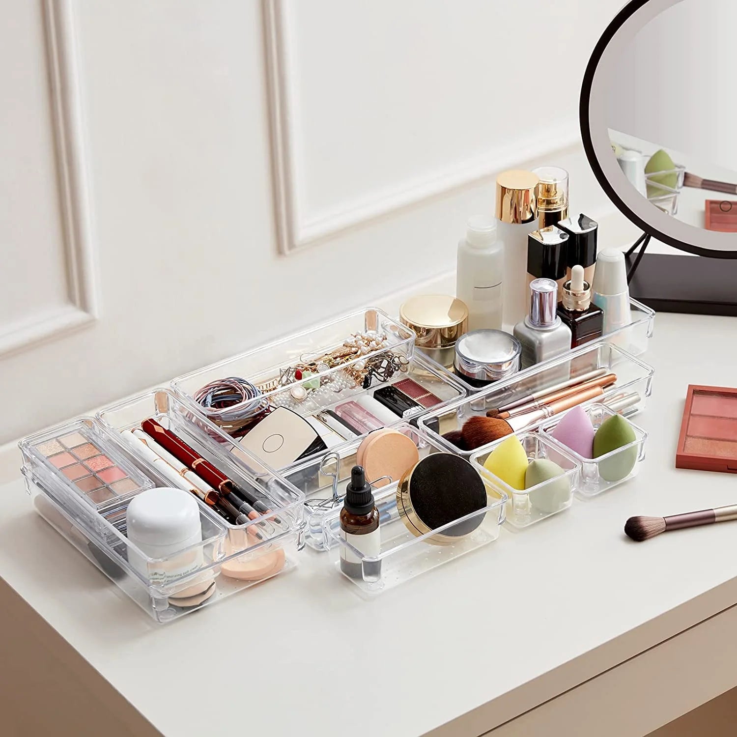 11 Pcs Drawer Organizer Set Clear Plastic Desk Bathroom Makeup Drawer Organizer