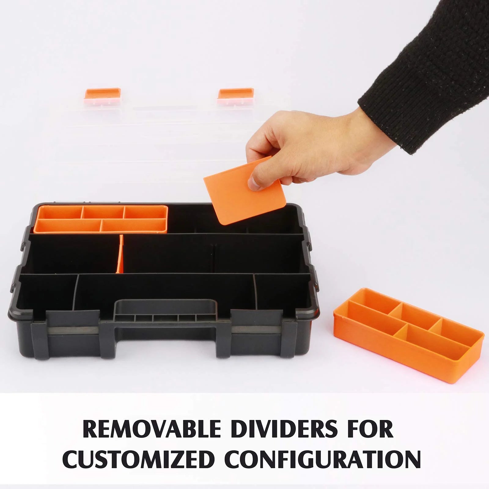 4 Piece Set Toolbox Hardware and Parts Organizers, Versatile and Durable Storage, Customizable Removable Plastic Dividers, Storage and Carry, Black/Orange