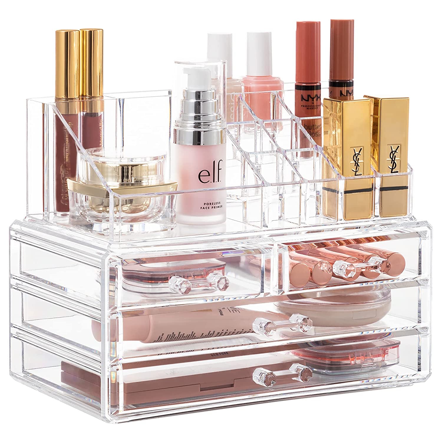 Acrylic Clear Makeup Storage Organizer with Four Stackable Drawers for Bathroom Vanity - Dustproof Cosmetic Display Case