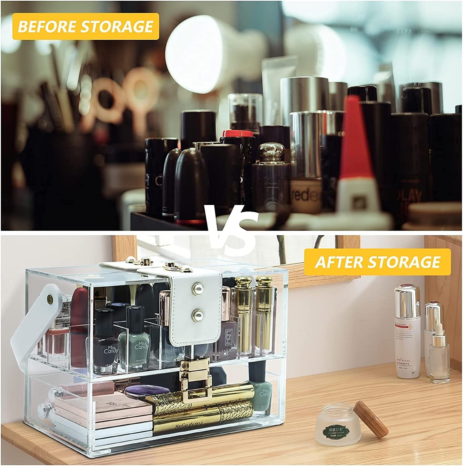 Large Acrylic Makeup Organizer with Adjustable Dividers, Removable Slots, Lockable Design, and Dustproof Features for Vanity Storage and Display