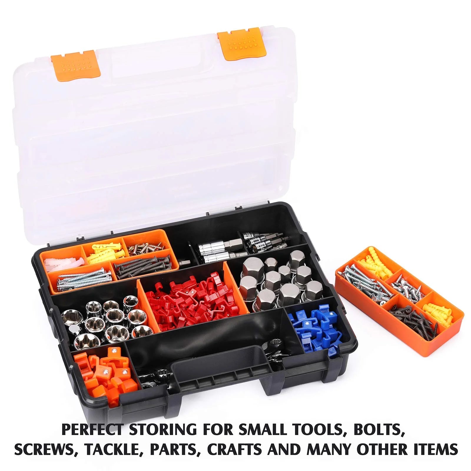 4 Piece Set Toolbox Hardware and Parts Organizers, Versatile and Durable Storage, Customizable Removable Plastic Dividers, Storage and Carry, Black/Orange