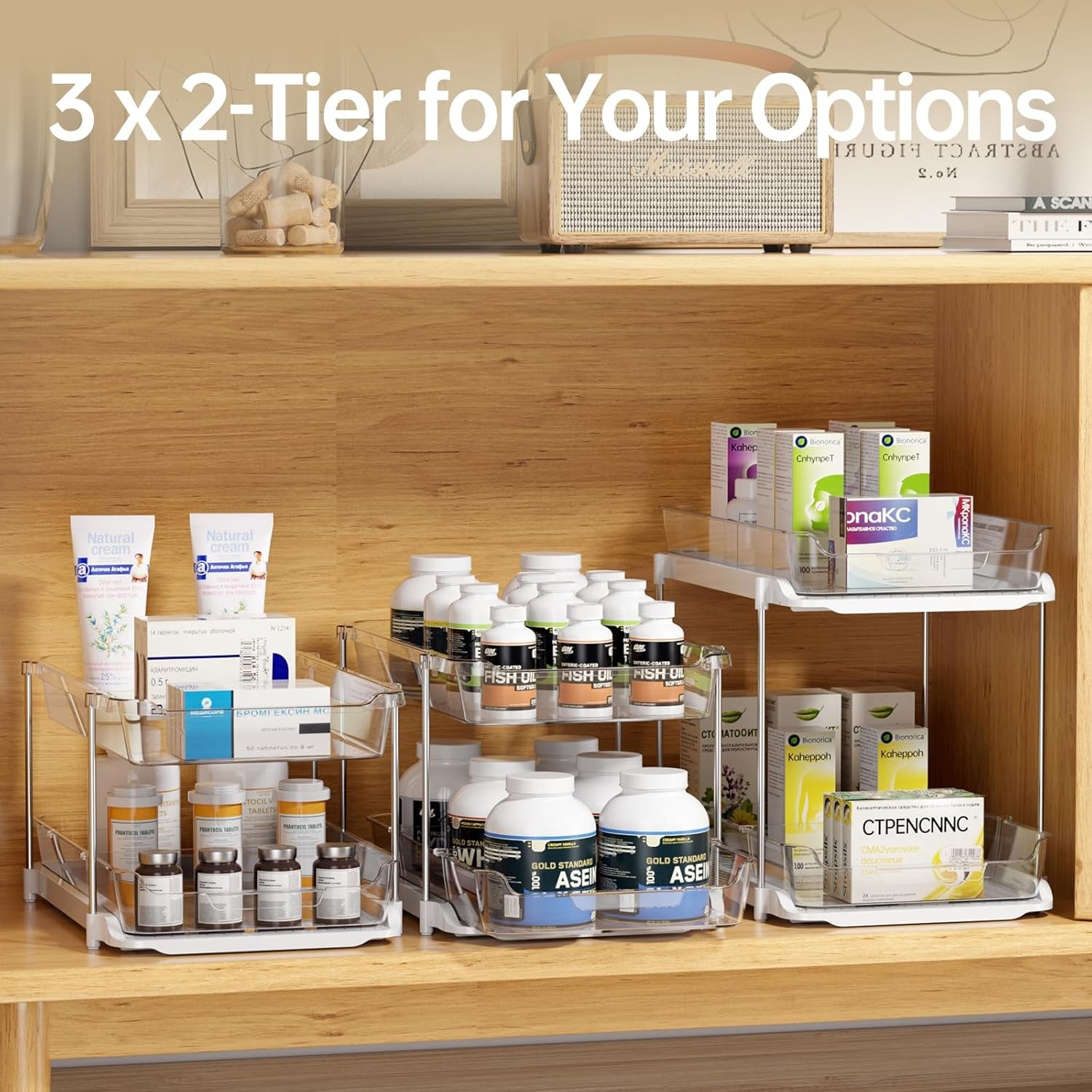 2 Sets of 3-Tier Bathroom under Sink Organizers and Storage, Multi-Purpose Stackable Pantry Organization and Storage, Pull Out Clear Kitchen Bathroom Cabinet Organizer with Movable Dividers