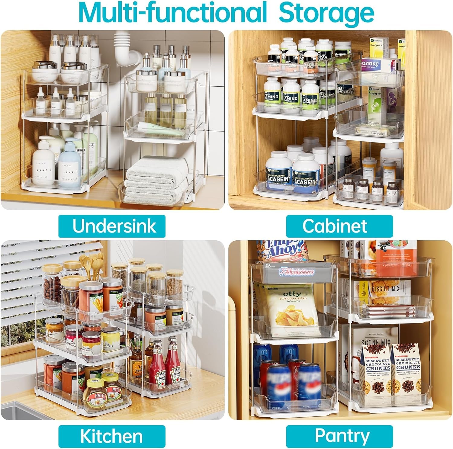 2 Sets of 3-Tier Bathroom under Sink Organizers and Storage, Multi-Purpose Stackable Pantry Organization and Storage, Pull Out Clear Kitchen Bathroom Cabinet Organizer with Movable Dividers