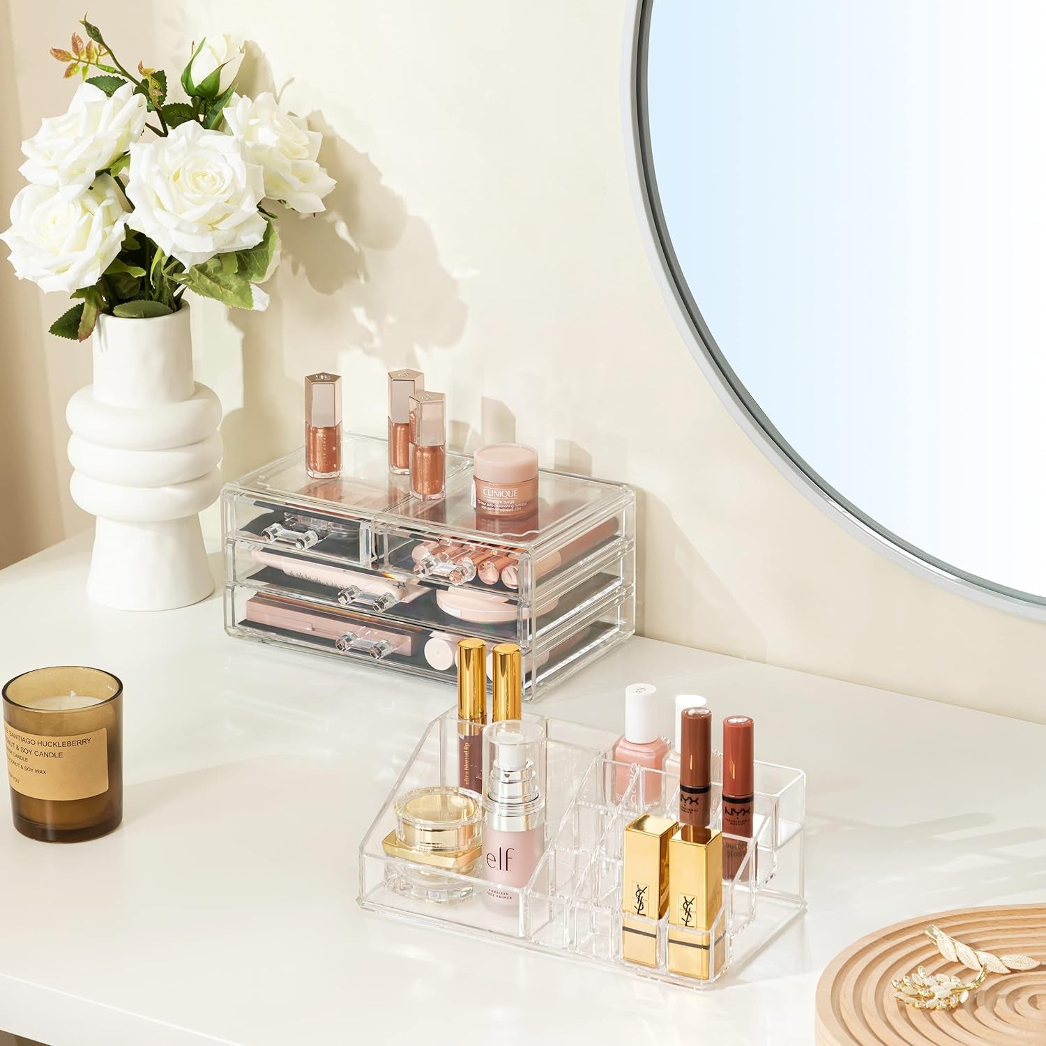 Acrylic Clear Makeup Storage Organizer with Four Stackable Drawers for Bathroom Vanity - Dustproof Cosmetic Display Case