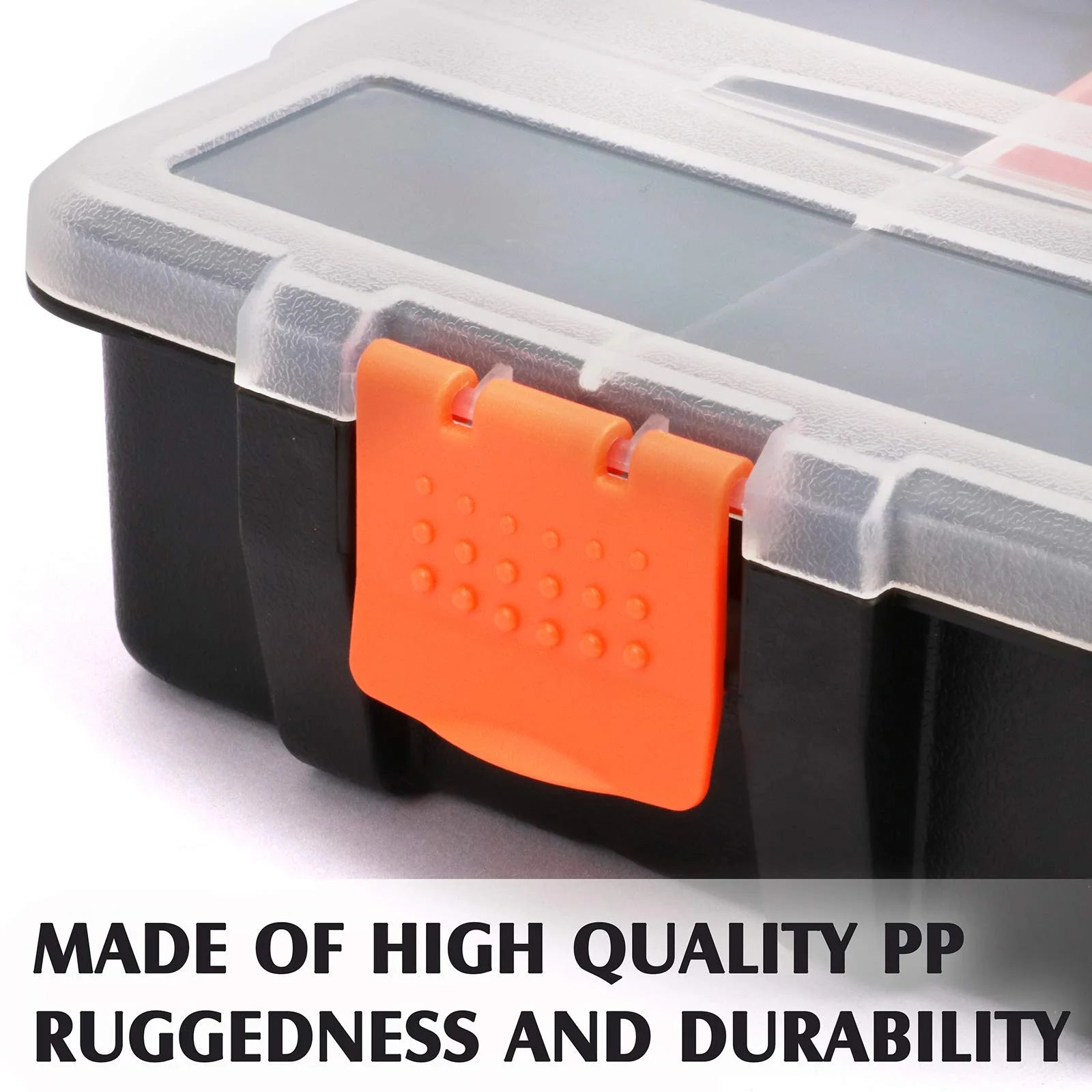 4 Piece Set Toolbox Hardware and Parts Organizers, Versatile and Durable Storage, Customizable Removable Plastic Dividers, Storage and Carry, Black/Orange