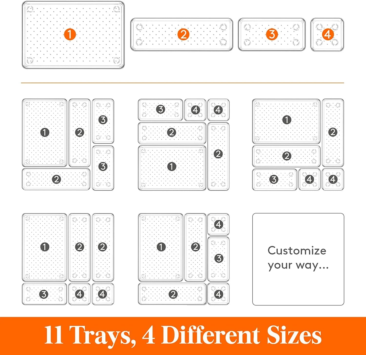 11 Pcs Drawer Organizer Set Clear Plastic Desk Bathroom Makeup Drawer Organizer