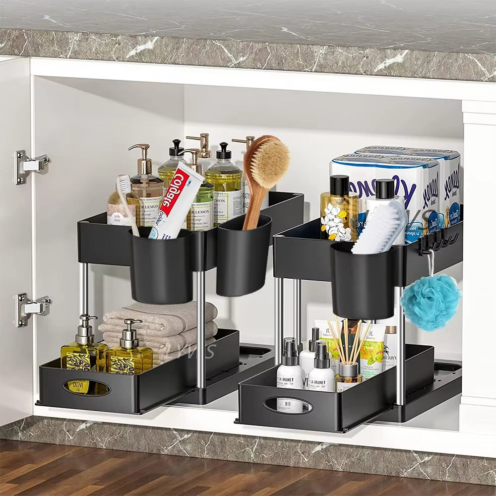 2-Packs under Sink Organizer Sliding Cabinet Basket Organizer Storage Rack with Hooks Hanging Cup Bathroom Kitchen Organizer