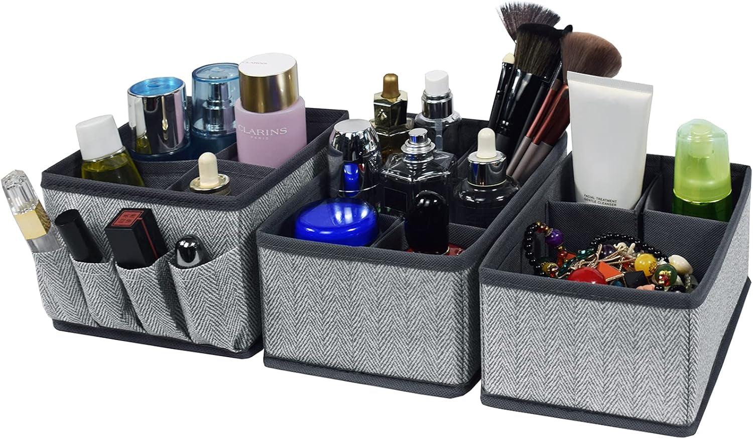 Drawer Dividers Bathroom Counter Organizer - Adjustable Bathroom Baskets Storage Box for Makeup Brushes,Bathroom Countertop or Dresser,Set of 3-Herringbone Pattern(Grey)