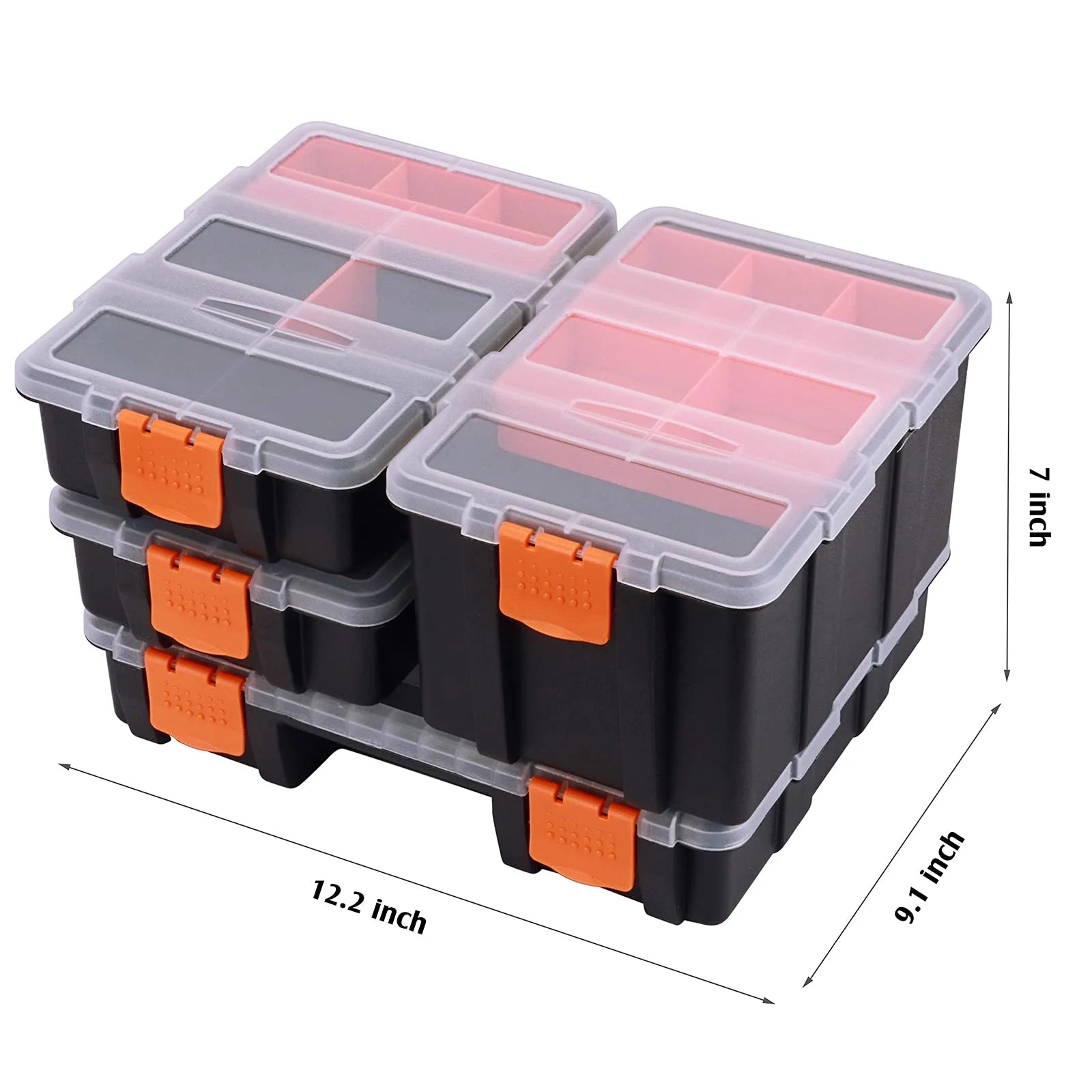 4 Piece Set Toolbox Hardware and Parts Organizers, Versatile and Durable Storage, Customizable Removable Plastic Dividers, Storage and Carry, Black/Orange