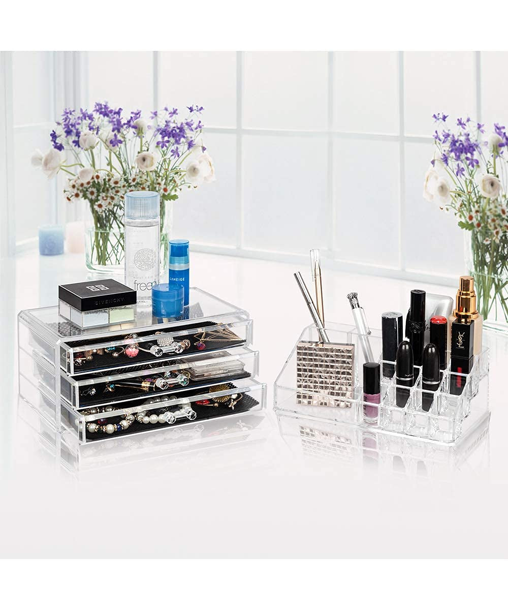 5-Drawer Acrylic Jewelry and Cosmetic Organizer with Rectangular Compartments and 3-Layer Drawers for Home Use