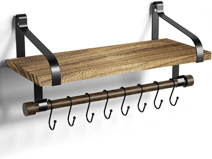 Rustic Wooden Shelf - Paper Towel Roll bar - 8 Removable Hooks (Black)