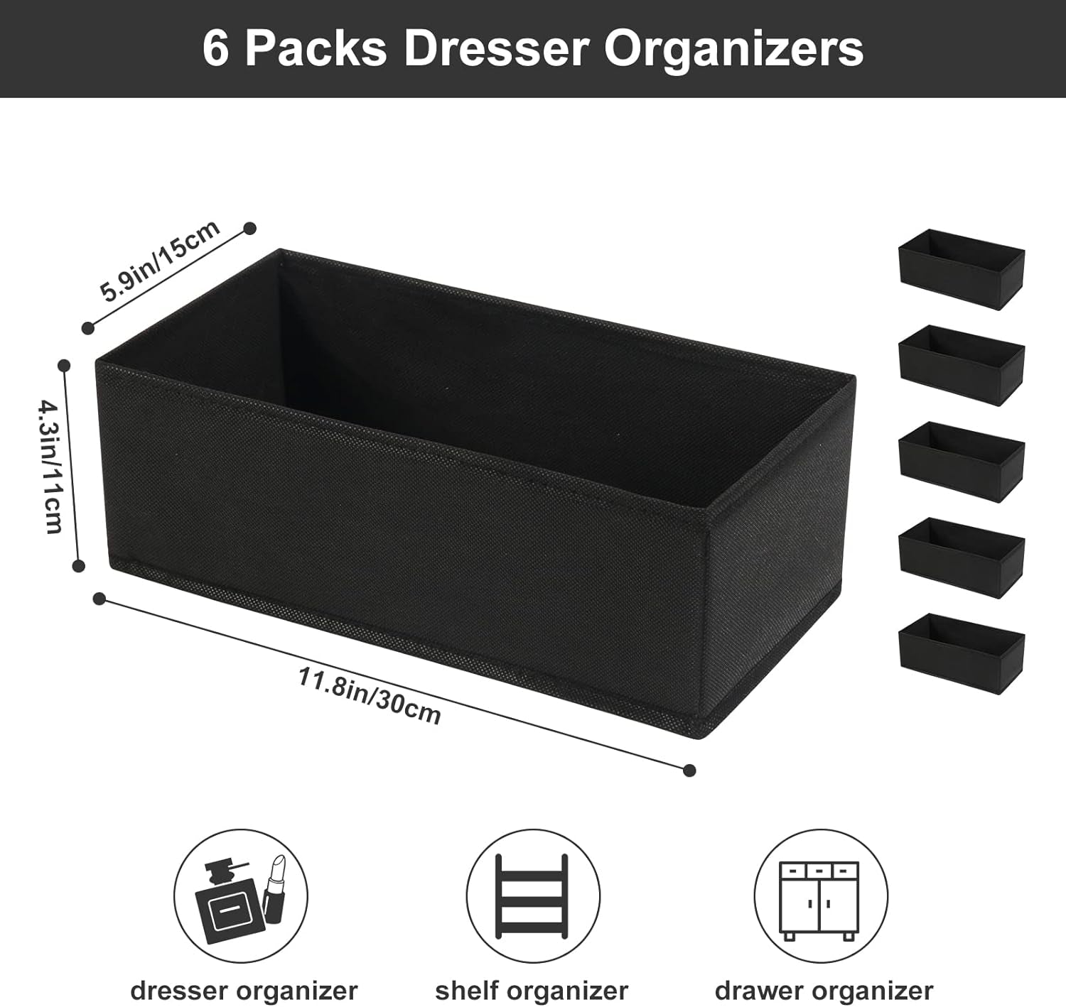 6-Pack Woven Fabric Dresser Drawer Organizers for Clothing and Baby Storage (Black)