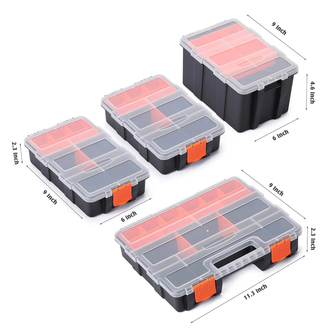 4 Piece Set Toolbox Hardware and Parts Organizers, Versatile and Durable Storage, Customizable Removable Plastic Dividers, Storage and Carry, Black/Orange