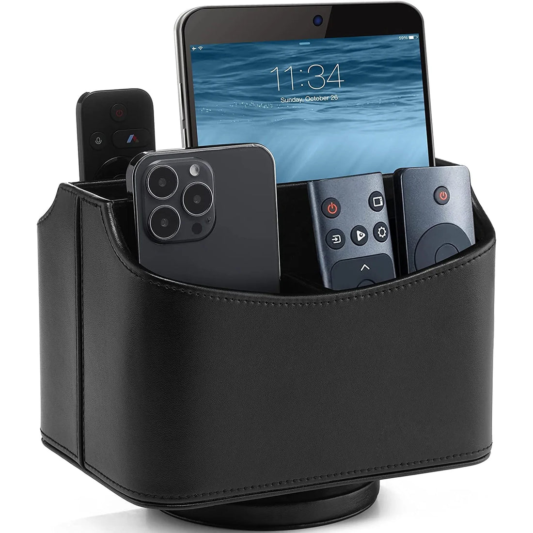 Remote Control Holder, 360 Degree Spinning, PU Leather Desk Organizer, 5 Compartments Storage (Classic Black)