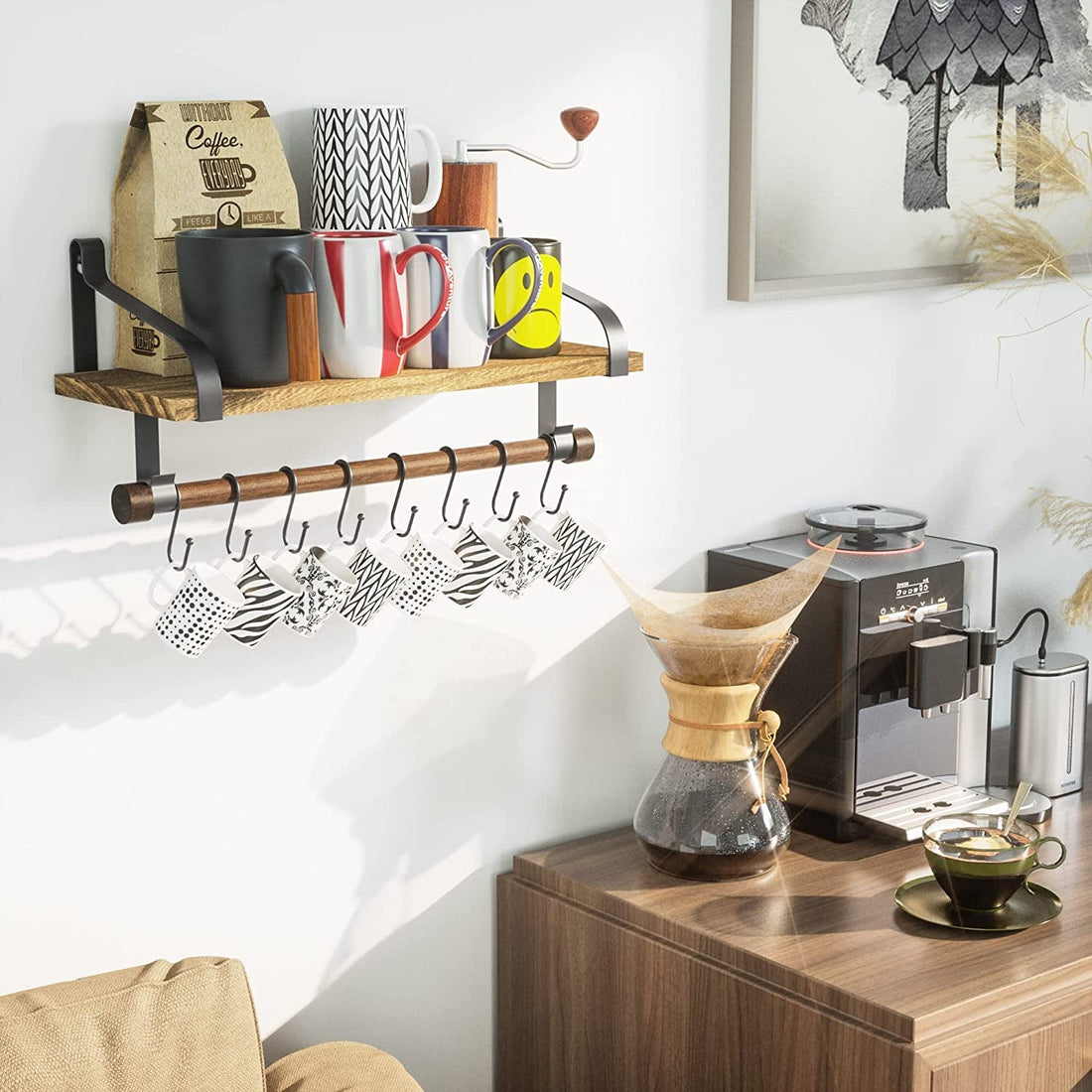 Rustic Wooden Shelf - Paper Towel Roll bar - 8 Removable Hooks (Black)