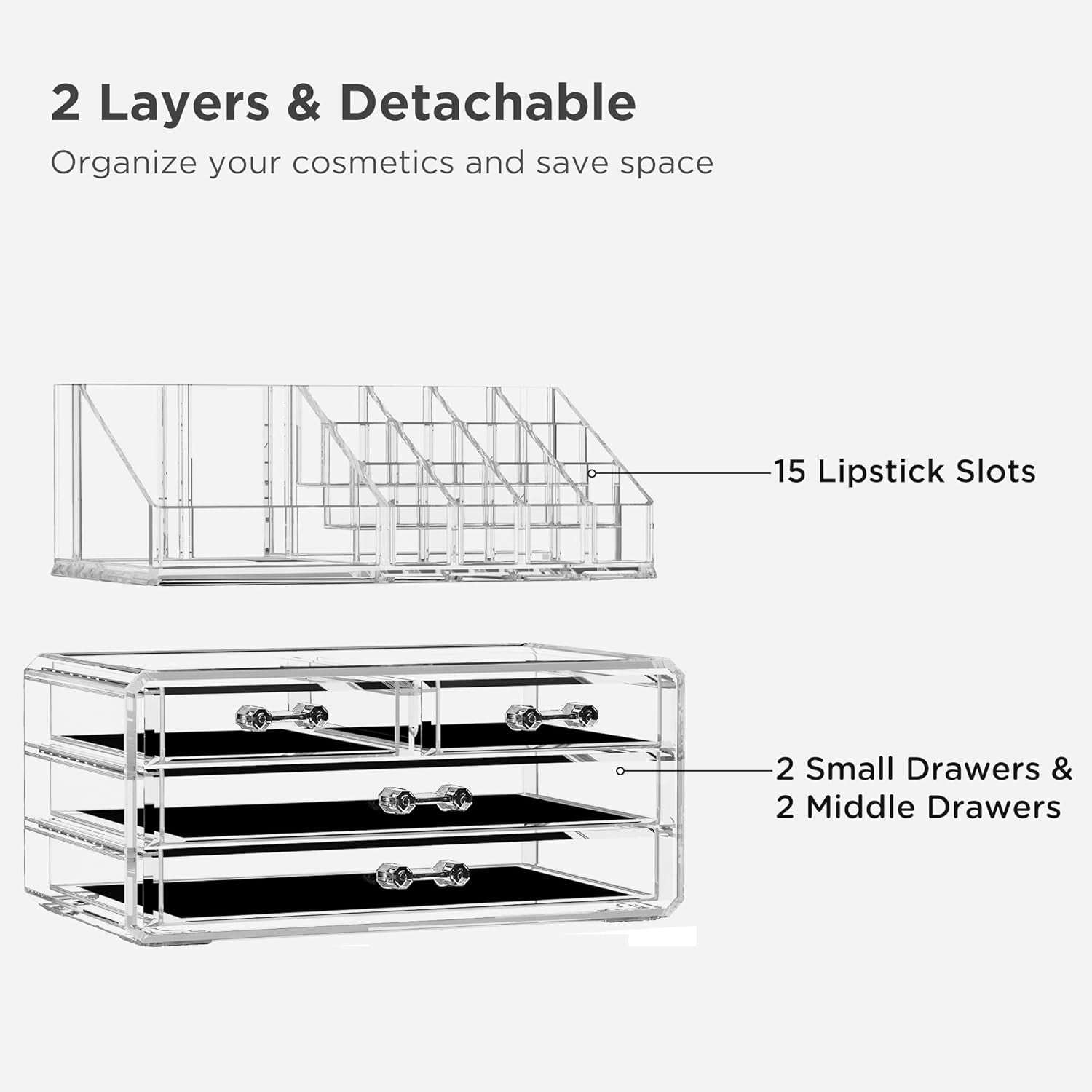 Acrylic Clear Makeup Storage Organizer with Four Stackable Drawers for Bathroom Vanity - Dustproof Cosmetic Display Case