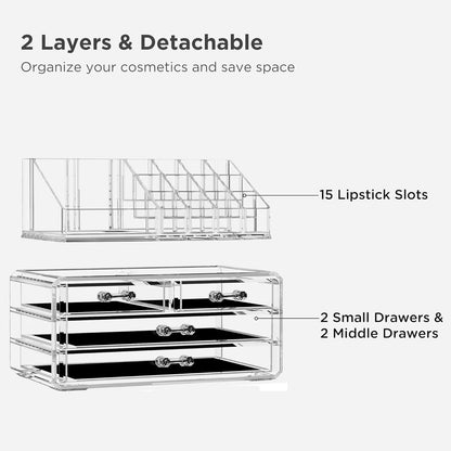 Acrylic Clear Makeup Storage Organizer with Four Stackable Drawers for Bathroom Vanity - Dustproof Cosmetic Display Case