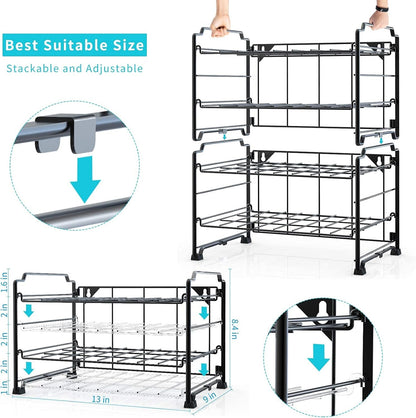 Adjustable Water Bottle Organizer Storage, 2-Tier Stackable Water Bottle Holder Rack, Black(2 Pack)