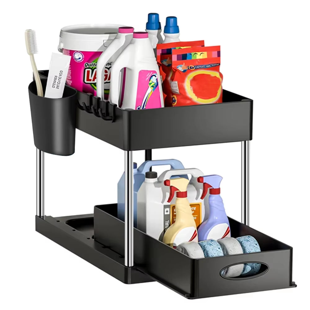 2-Packs under Sink Organizer Sliding Cabinet Basket Organizer Storage Rack with Hooks Hanging Cup Bathroom Kitchen Organizer